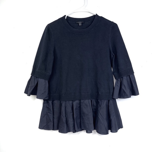 COS Tops - COS Navy Blue Mixed Media Knitted Sweater With Shirt Detail Ruffle Hem Size XS